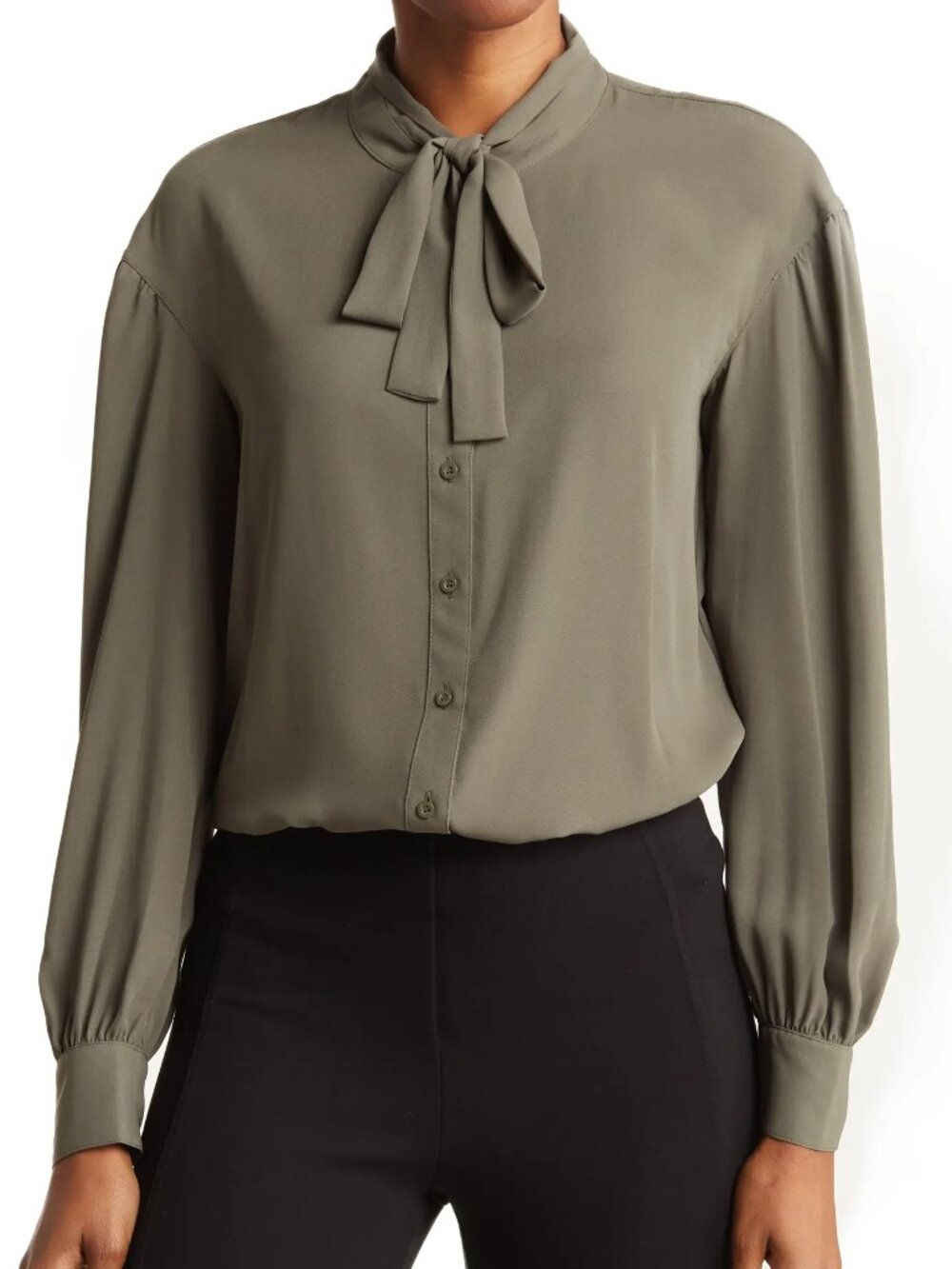 Calvin Klein Olive Green Tie Neck Blouse - L/XL EUC